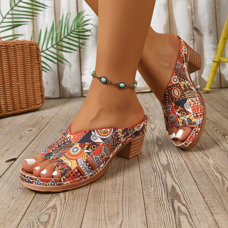 High-heeled V-Neck Floral Slippers For Women