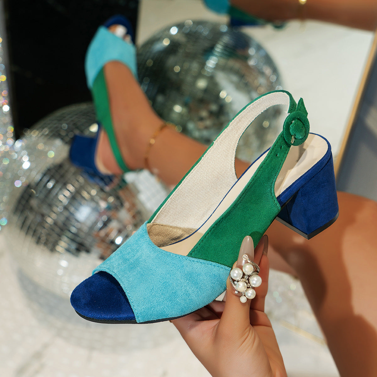 Womens Colorful Block-heeled Round-toe Sandals