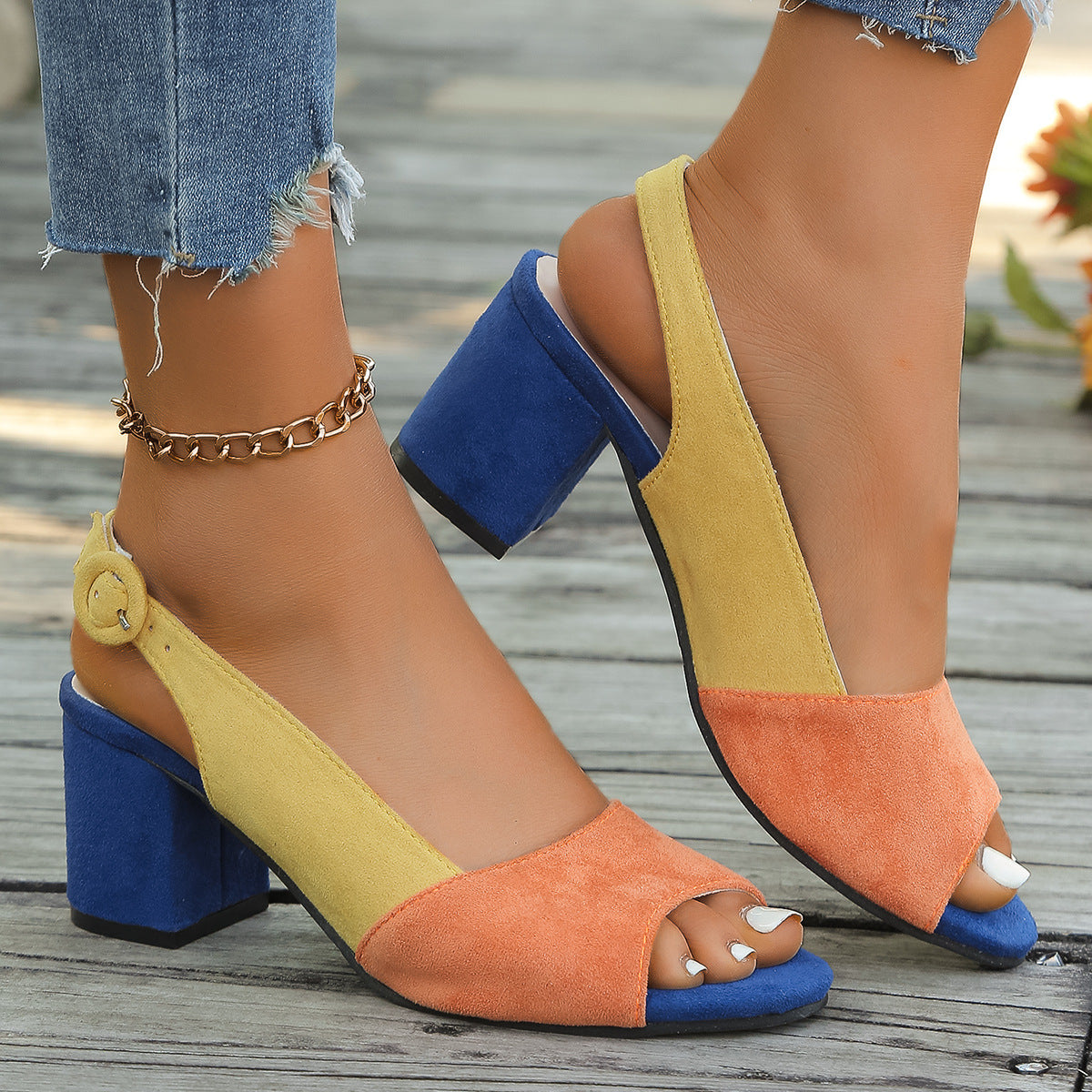 Womens Colorful Block-heeled Round-toe Sandals
