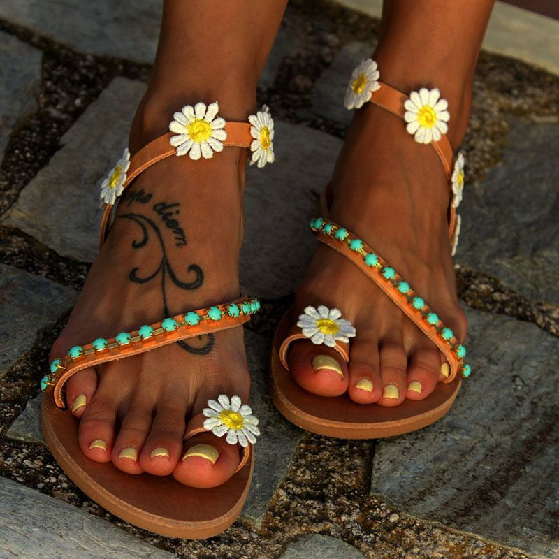 Floral Rhinestone Flat Women's Sandals