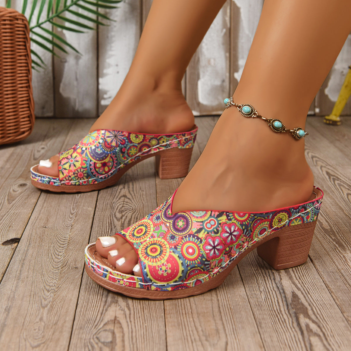 High-heeled V-Neck Floral Slippers For Women