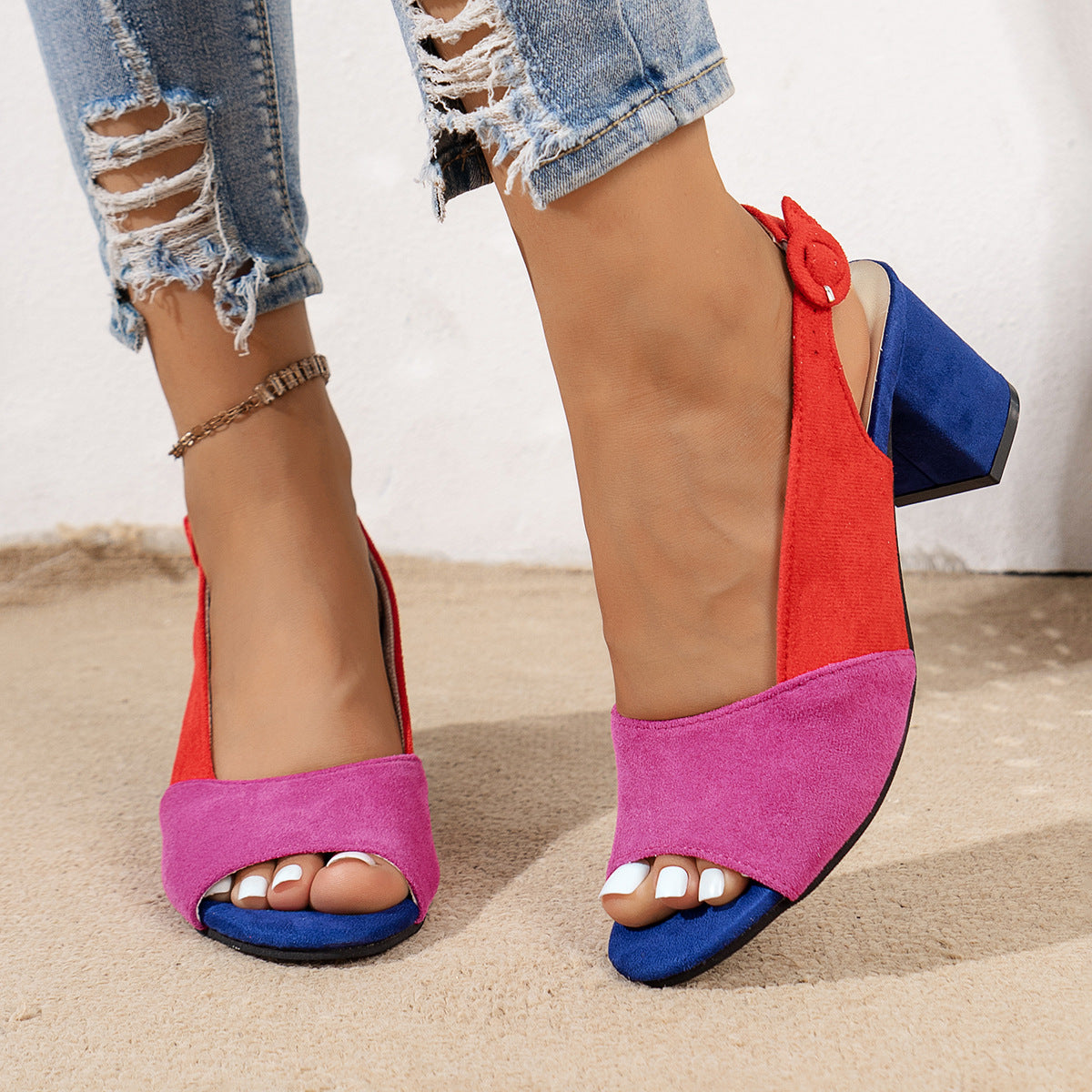 Womens Colorful Block-heeled Round-toe Sandals